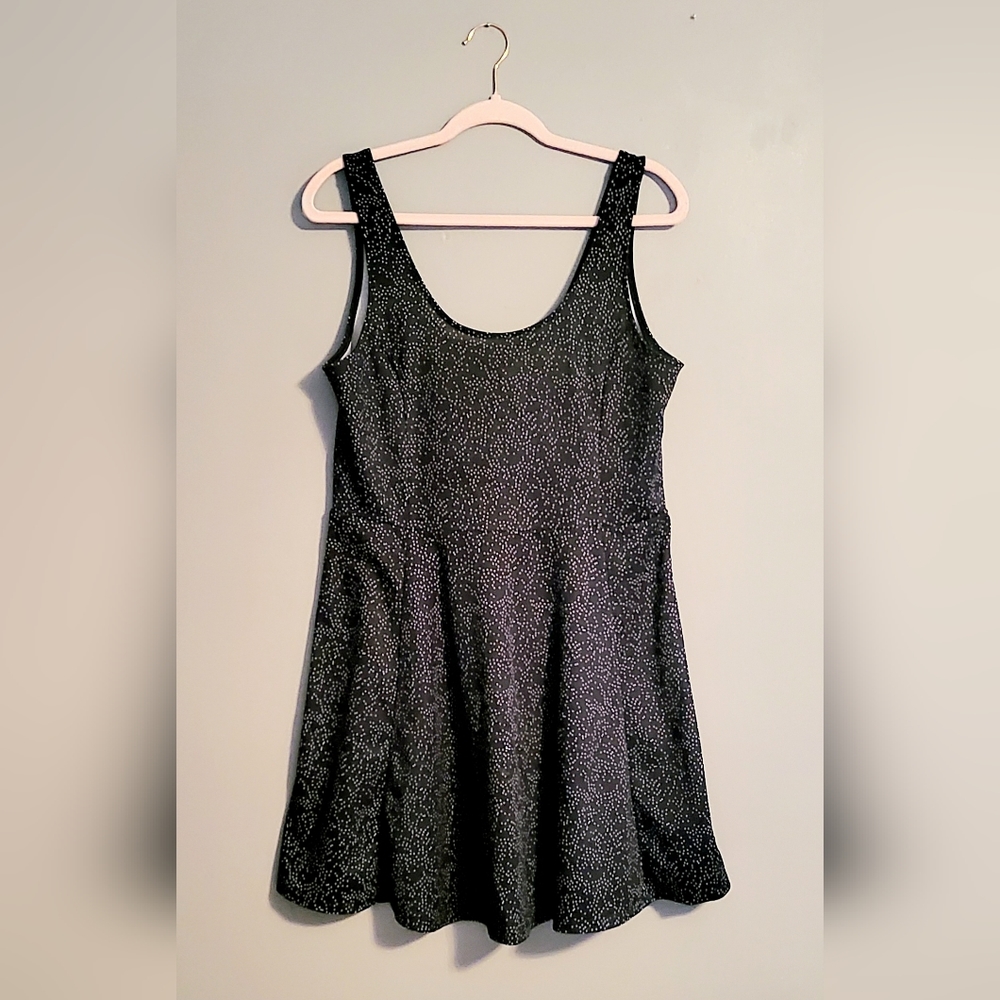 Black Tank Dress, White Dots, Flared, Knee-Length, Polyester, Subtle Shine.